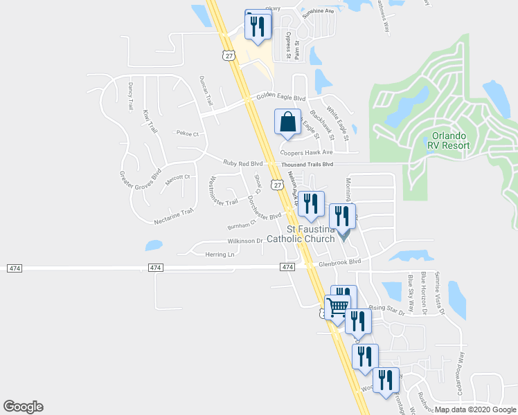 map of restaurants, bars, coffee shops, grocery stores, and more near 16125 Dorchester Boulevard in Clermont