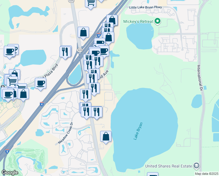 map of restaurants, bars, coffee shops, grocery stores, and more near 13102 Mulberry Park Drive in Orlando