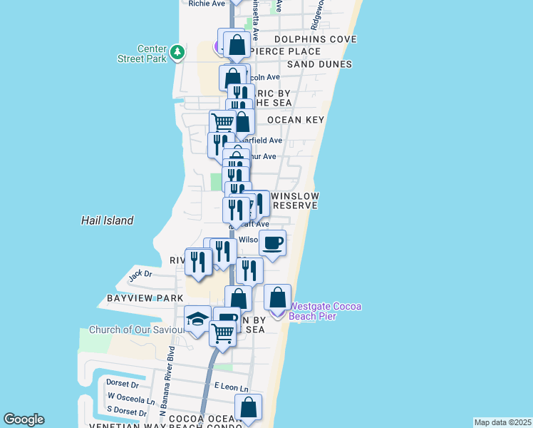 map of restaurants, bars, coffee shops, grocery stores, and more near 6161 Ridgewood Avenue in Cocoa Beach