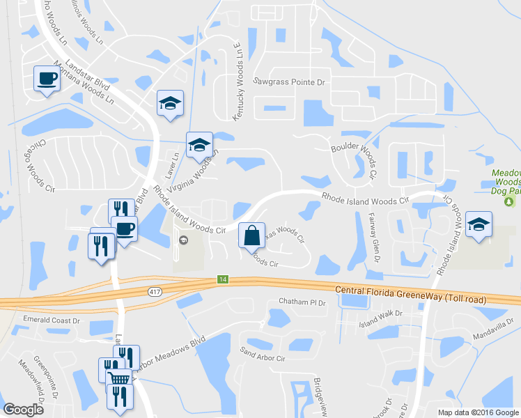 map of restaurants, bars, coffee shops, grocery stores, and more near 843 Vermont Woods Lane in Orlando
