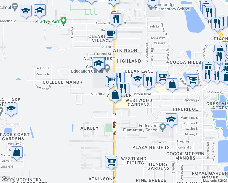 map of restaurants, bars, coffee shops, grocery stores, and more near 1101 Clearlake Road in Cocoa