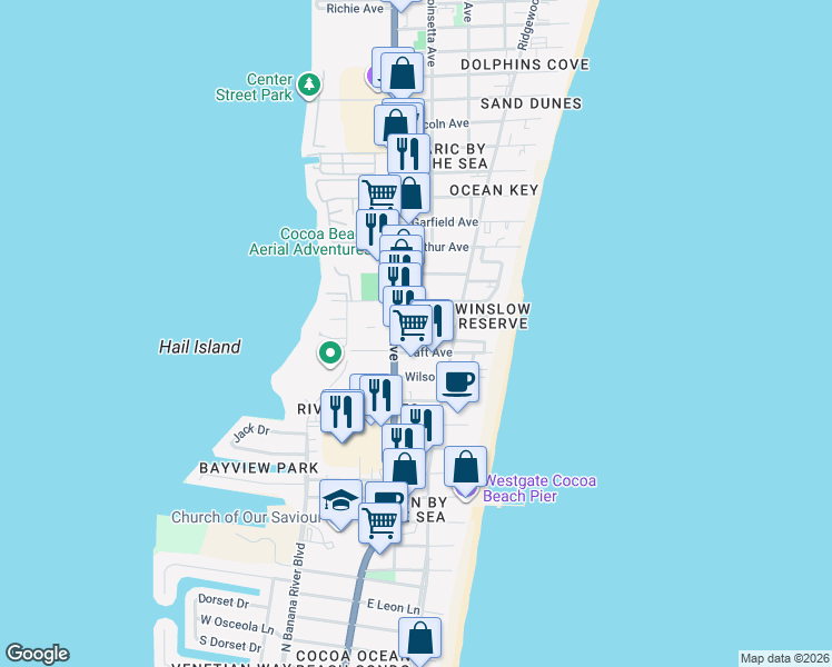 map of restaurants, bars, coffee shops, grocery stores, and more near 119 Roosevelt Avenue in Cocoa Beach