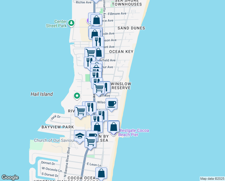 map of restaurants, bars, coffee shops, grocery stores, and more near 314 Meridian Drive in Cocoa Beach