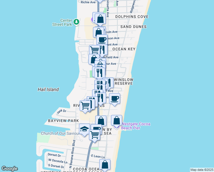 map of restaurants, bars, coffee shops, grocery stores, and more near 202 Roosevelt Avenue in Cocoa Beach