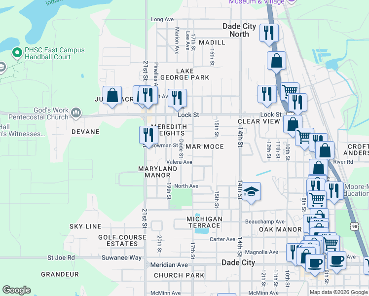 map of restaurants, bars, coffee shops, grocery stores, and more near 14841 17th Street in Dade City