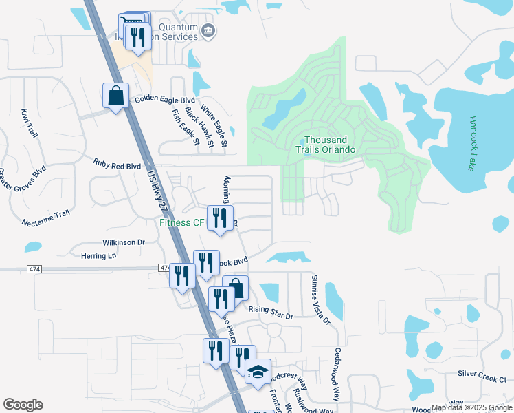 map of restaurants, bars, coffee shops, grocery stores, and more near 16704 Rolling Green Drive in Clermont