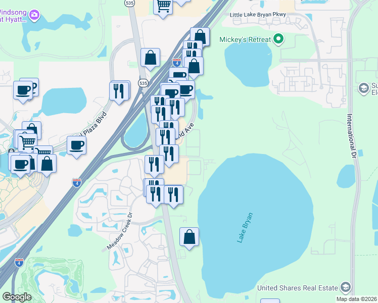 map of restaurants, bars, coffee shops, grocery stores, and more near 13015 Plantation Park Circle in Orlando