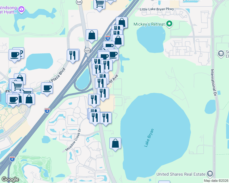 map of restaurants, bars, coffee shops, grocery stores, and more near 13003 Plantation Park Circle in Orlando