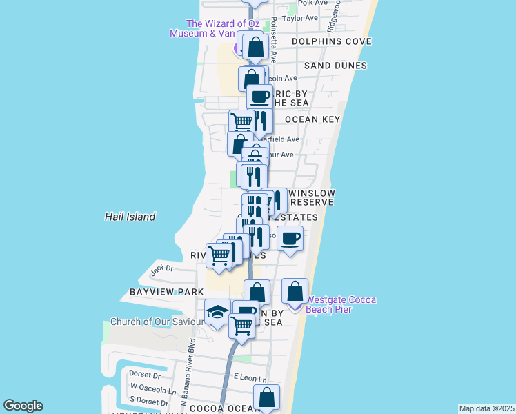 map of restaurants, bars, coffee shops, grocery stores, and more near 139 Roosevelt Avenue in Cocoa Beach