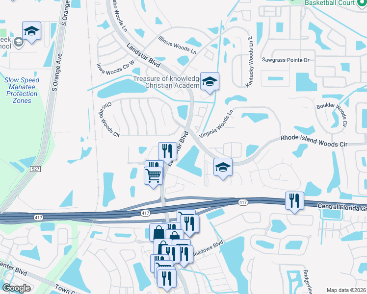 map of restaurants, bars, coffee shops, grocery stores, and more near 402 Rhode Island Woods Circle in Orlando