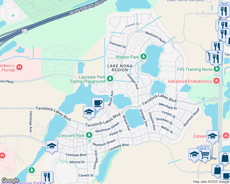 map of restaurants, bars, coffee shops, grocery stores, and more near 13175 Bovet Avenue in Orlando