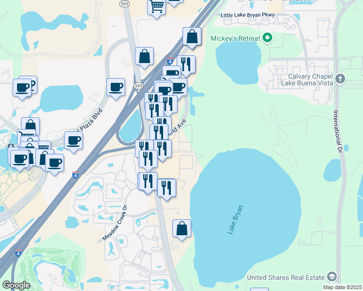 map of restaurants, bars, coffee shops, grocery stores, and more near 13003 Plantation Park Circle in Orlando