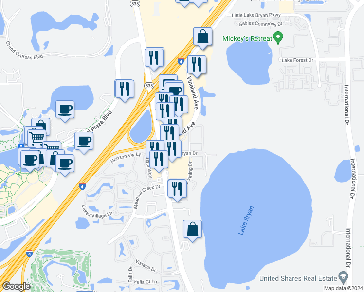 map of restaurants, bars, coffee shops, grocery stores, and more near 8800 Vineland Avenue in Orlando