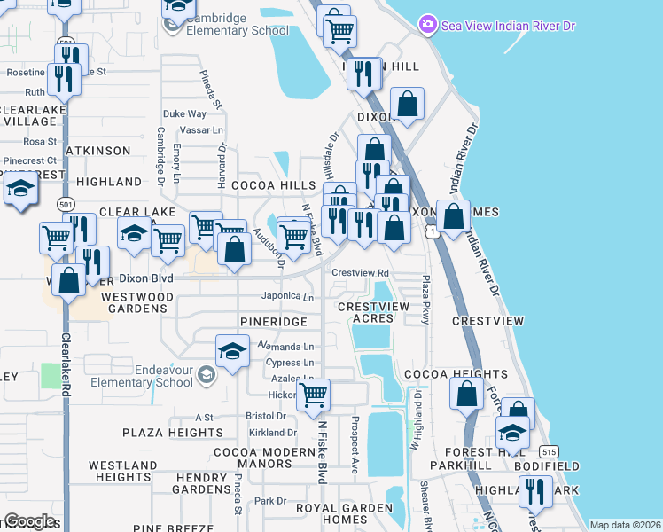 map of restaurants, bars, coffee shops, grocery stores, and more near 947 Dixon Boulevard in Cocoa