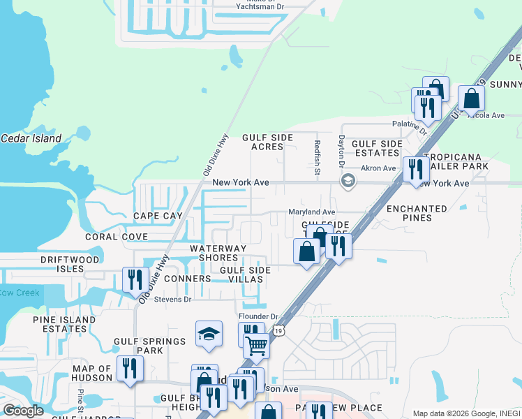 map of restaurants, bars, coffee shops, grocery stores, and more near 7429 Maryland Avenue in Hudson