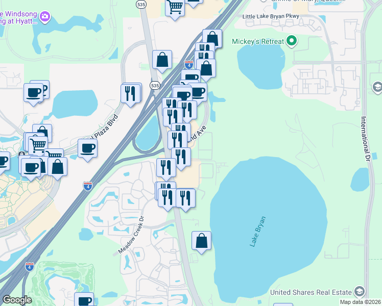 map of restaurants, bars, coffee shops, grocery stores, and more near 8800 Vineland Avenue in Orlando