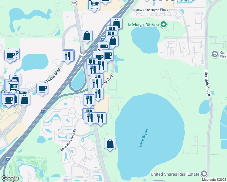 map of restaurants, bars, coffee shops, grocery stores, and more near 13003 Plantation Park Circle in Orlando