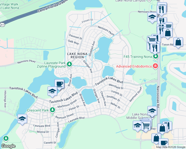 map of restaurants, bars, coffee shops, grocery stores, and more near 13345 Beebe Alley in Orlando