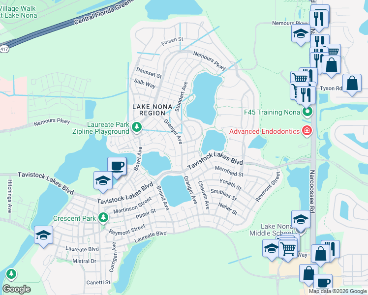 map of restaurants, bars, coffee shops, grocery stores, and more near 13345 Beebe Alley in Orlando