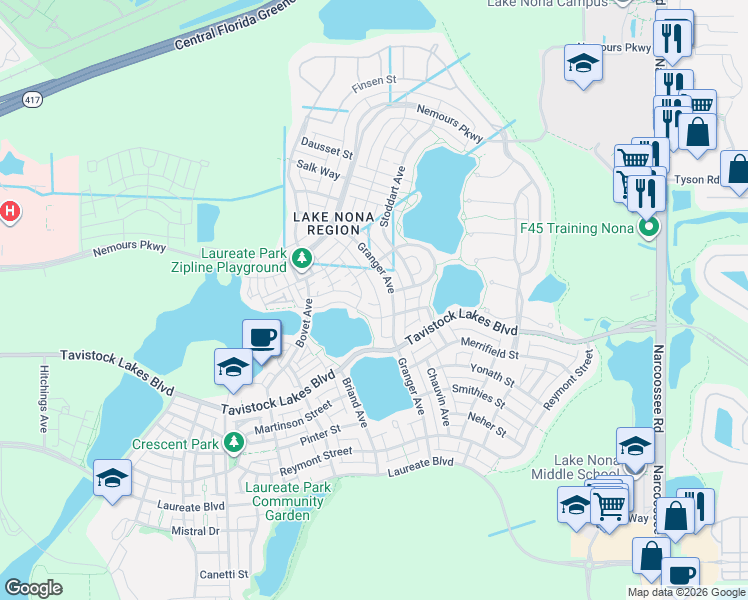 map of restaurants, bars, coffee shops, grocery stores, and more near 13345 Beebe Alley in Orlando