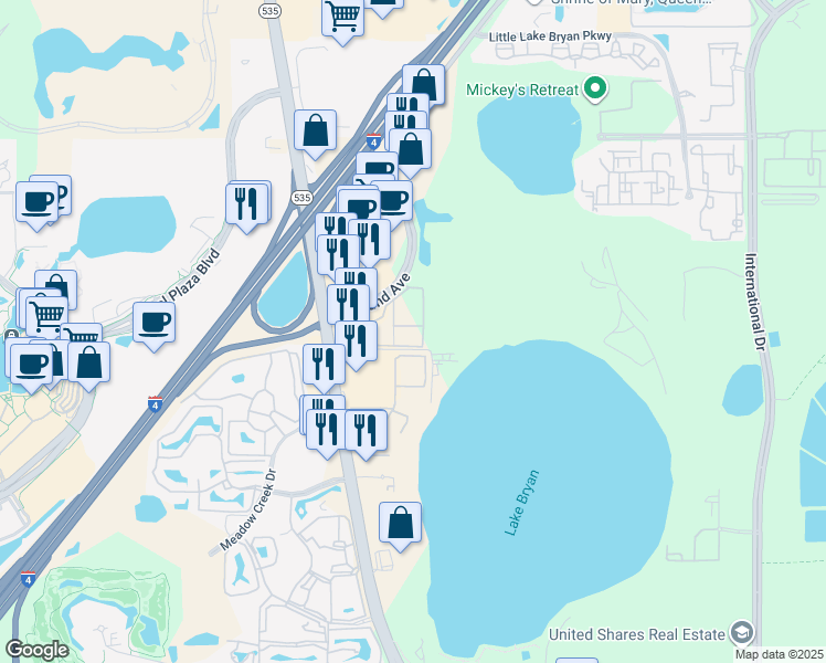 map of restaurants, bars, coffee shops, grocery stores, and more near 13003 Plantation Park Circle in Orlando