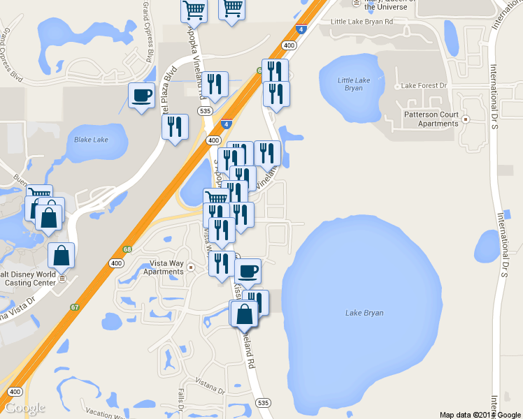 map of restaurants, bars, coffee shops, grocery stores, and more near 13003 Plantation Park Circle in Orlando