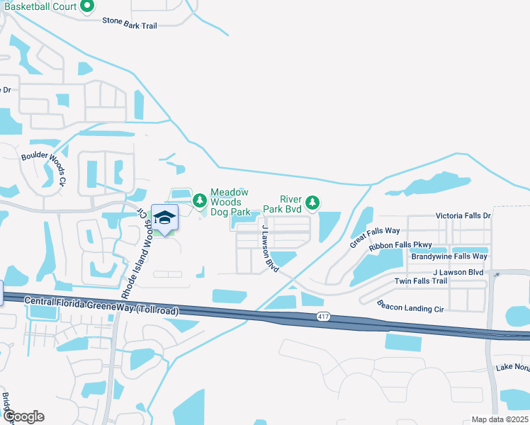 map of restaurants, bars, coffee shops, grocery stores, and more near 1605 Canoe Creek Falls Drive in Orlando