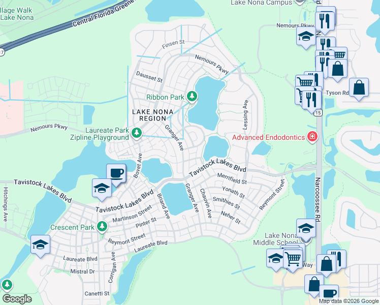 map of restaurants, bars, coffee shops, grocery stores, and more near 13471 Granger Avenue in Orlando