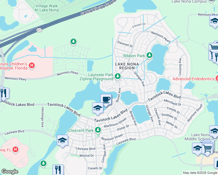 map of restaurants, bars, coffee shops, grocery stores, and more near 7704 Nemours Parkway in Orlando