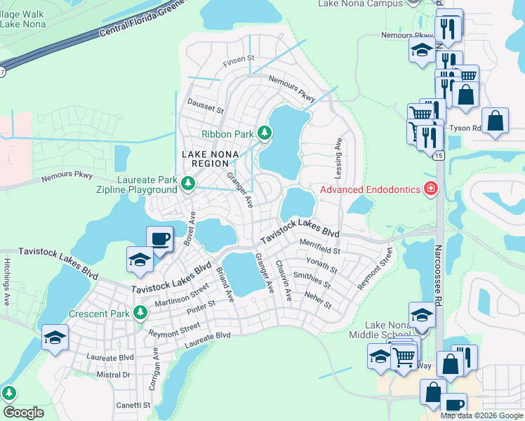 map of restaurants, bars, coffee shops, grocery stores, and more near 13471 Granger Avenue in Orlando