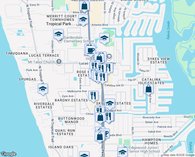 map of restaurants, bars, coffee shops, grocery stores, and more near 975 North Courtenay Parkway in Merritt Island