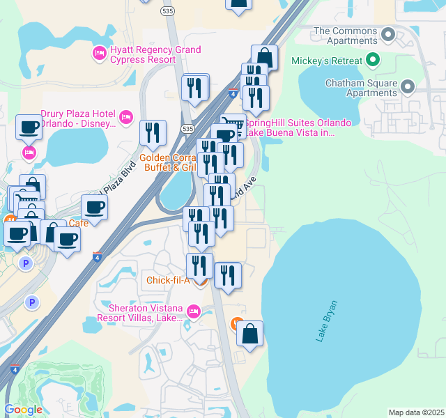 map of restaurants, bars, coffee shops, grocery stores, and more near 8800 Vineland Avenue in Orlando