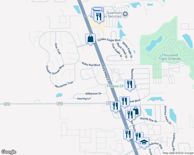 map of restaurants, bars, coffee shops, grocery stores, and more near 16101 Dorchester Boulevard in Clermont