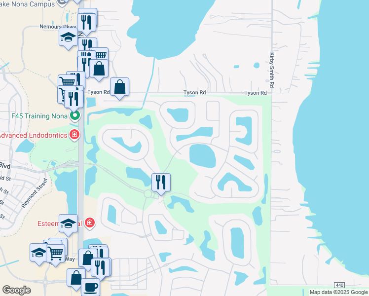 map of restaurants, bars, coffee shops, grocery stores, and more near 10530 Mere Pkwy in Orlando