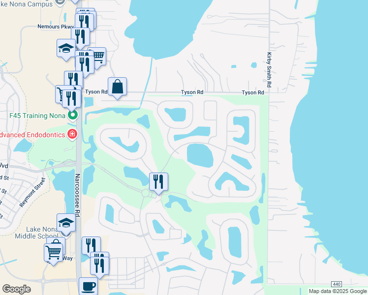 map of restaurants, bars, coffee shops, grocery stores, and more near 10536 Mere Parkway in Orlando