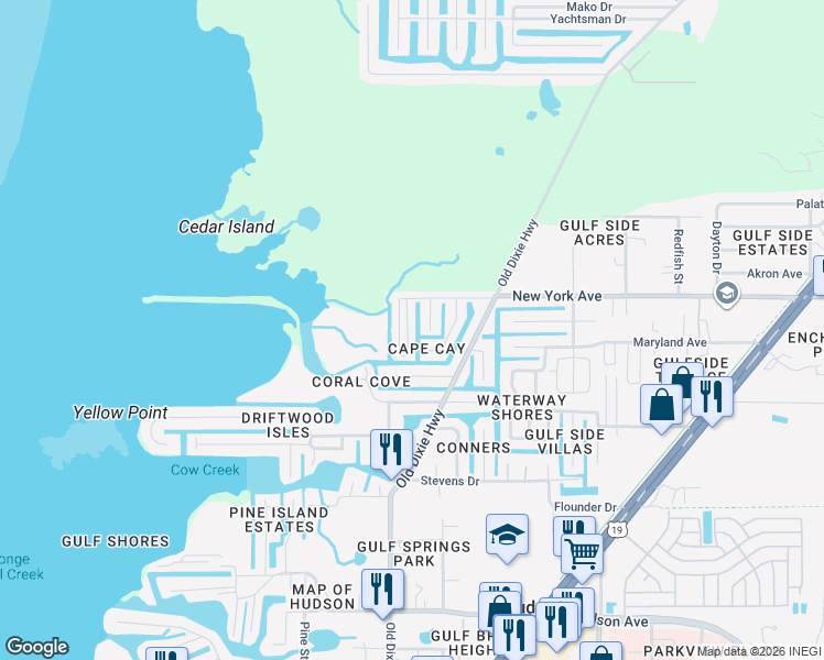 map of restaurants, bars, coffee shops, grocery stores, and more near 14970 Edgewater Circle in Hudson