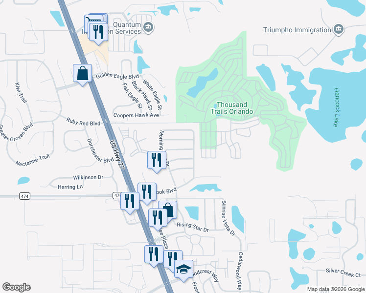 map of restaurants, bars, coffee shops, grocery stores, and more near 16649 Rolling Green Drive in Clermont