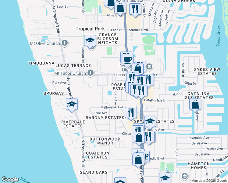 map of restaurants, bars, coffee shops, grocery stores, and more near 985 Date Avenue in Merritt Island