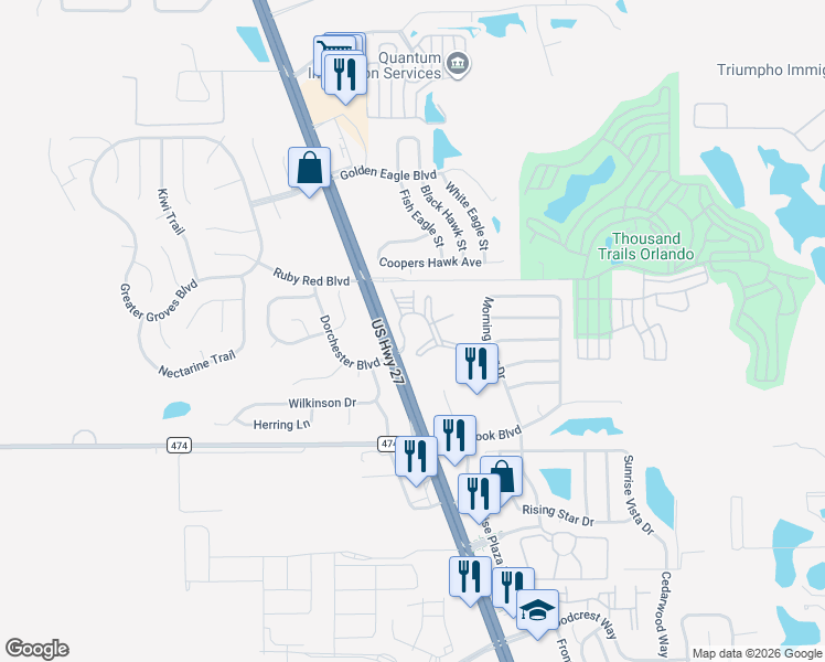 map of restaurants, bars, coffee shops, grocery stores, and more near 16400 Nelson Park Drive in Clermont