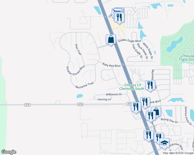 map of restaurants, bars, coffee shops, grocery stores, and more near 1611 Nectarine Trail in Clermont