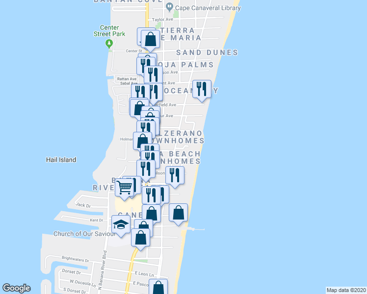 map of restaurants, bars, coffee shops, grocery stores, and more near 314 Meridian Drive in Cocoa Beach
