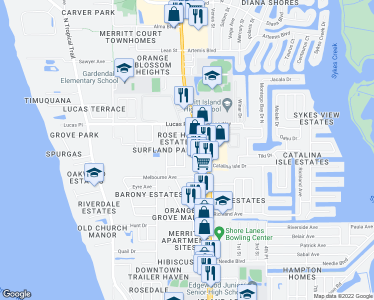map of restaurants, bars, coffee shops, grocery stores, and more near 975 North Courtenay Parkway in Merritt Island