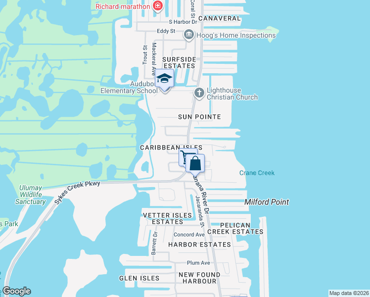 map of restaurants, bars, coffee shops, grocery stores, and more near 1300 North Belford Court in Merritt Island