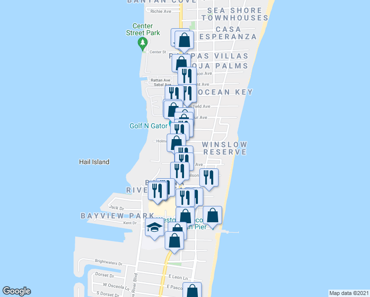 map of restaurants, bars, coffee shops, grocery stores, and more near 6200 North Atlantic Avenue in Cape Canaveral
