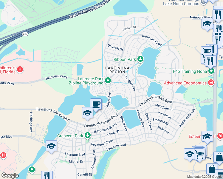 map of restaurants, bars, coffee shops, grocery stores, and more near 13175 Bovet Avenue in Orlando