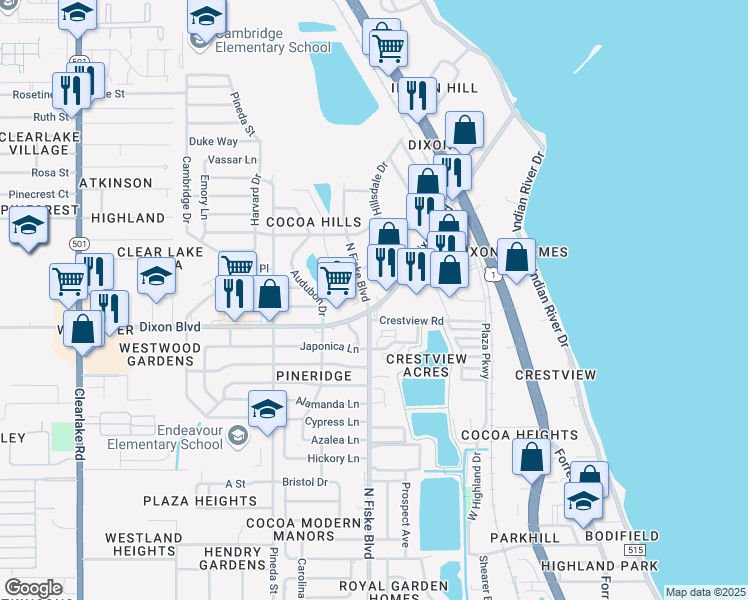 map of restaurants, bars, coffee shops, grocery stores, and more near 950 Dixon Boulevard in Cocoa