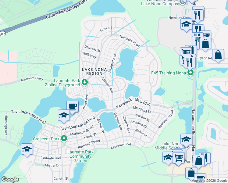 map of restaurants, bars, coffee shops, grocery stores, and more near 13345 Beebe Alley in Orlando