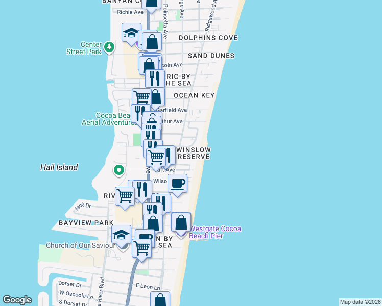 map of restaurants, bars, coffee shops, grocery stores, and more near 6214 Messina Lane in Cocoa Beach