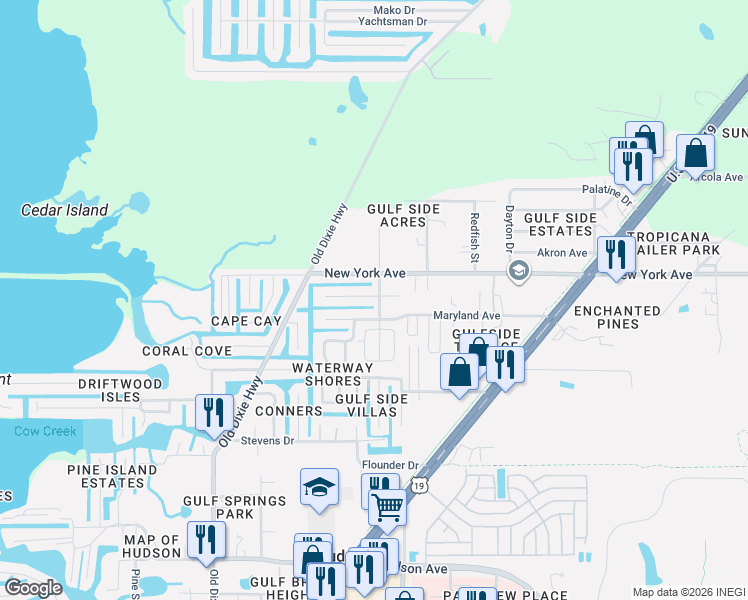 map of restaurants, bars, coffee shops, grocery stores, and more near 14811 Shark Street in Hudson
