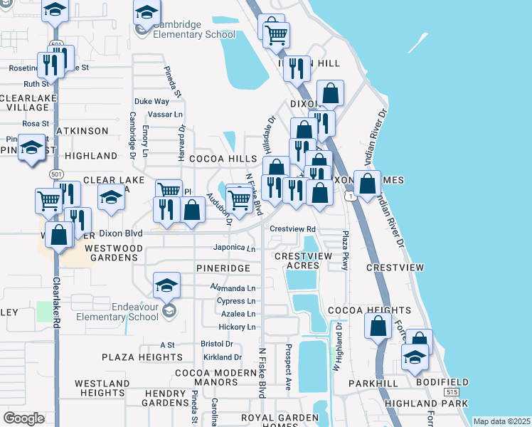 map of restaurants, bars, coffee shops, grocery stores, and more near 1304 North Fiske Boulevard in Cocoa